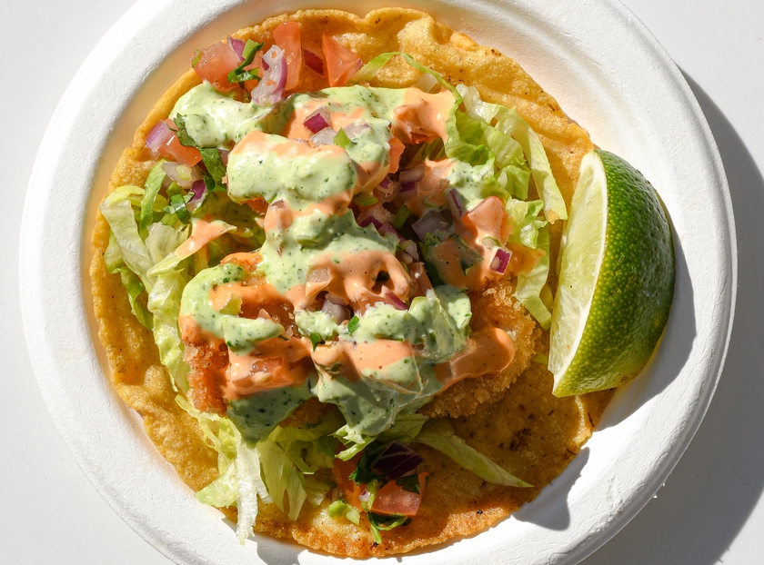 Fried Shrimp Taco with salsas and salads in nyc